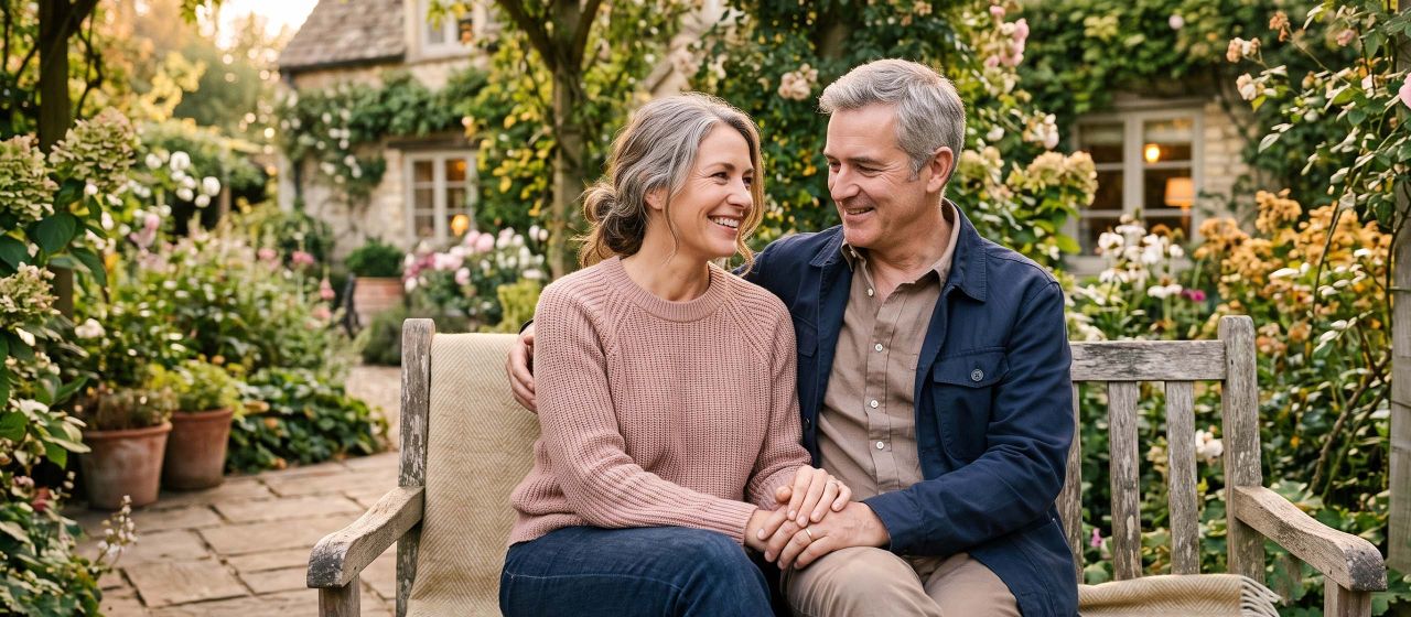 Mature couple sitting closely together outdoors, hands clasped
