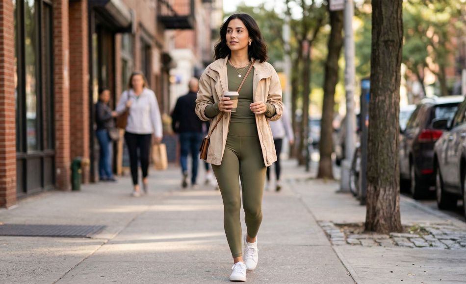 A stylish woman walking down a city sidewalk wearing olive green activewear and a beige jacket.