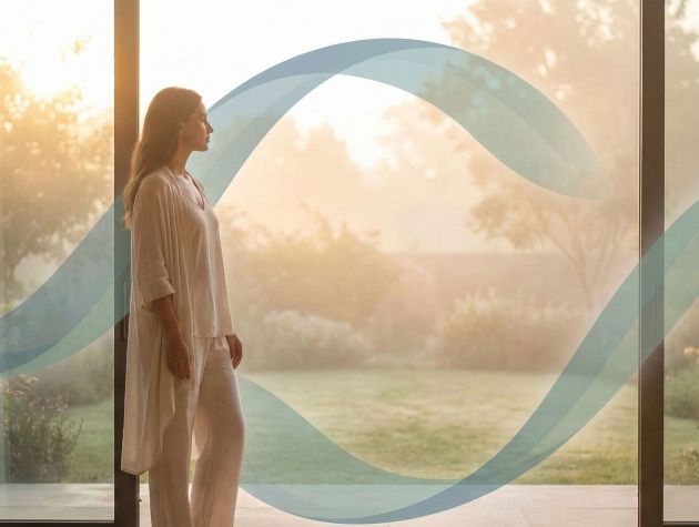 A woman reflecting in soft light, symbolizing hormonal balance and energy.