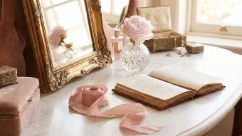 A sophisticated feminine vanity featuring a gold mirror and journal, representing the history of women's private education and health.