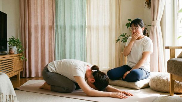 平和なヨガの場で練習する女性が、膣オナラに恥ずかしがっている様子。