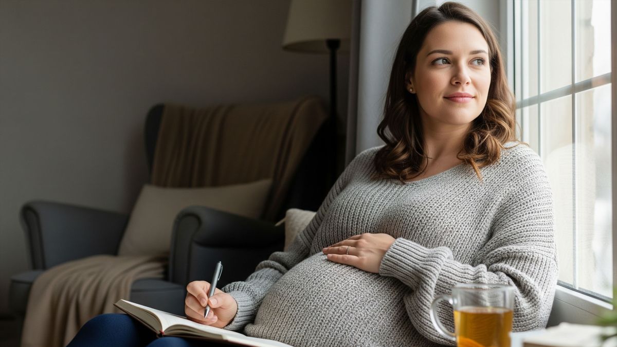 A pregnant woman sitting quietly, reflecting as she emotionally prepares for motherhood.