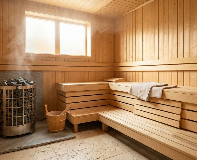 A warm wooden sauna interior with natural light — representing body comfort traditions across world cultures