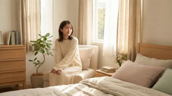 柔らかな光の部屋で静かに佇む女性。女性的受容性と生物学的調和を象徴。