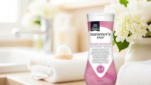 Summer’s Eve Simply Sensitive Scent vaginal wash bottle on bathroom counter