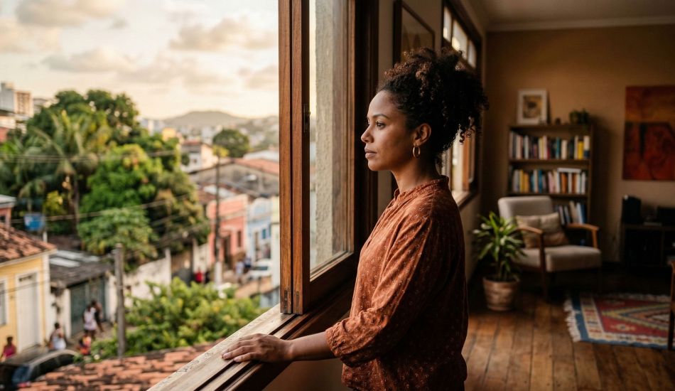 Uma mulher pensativa olhando pela janela em um ambiente doméstico acolhedor.