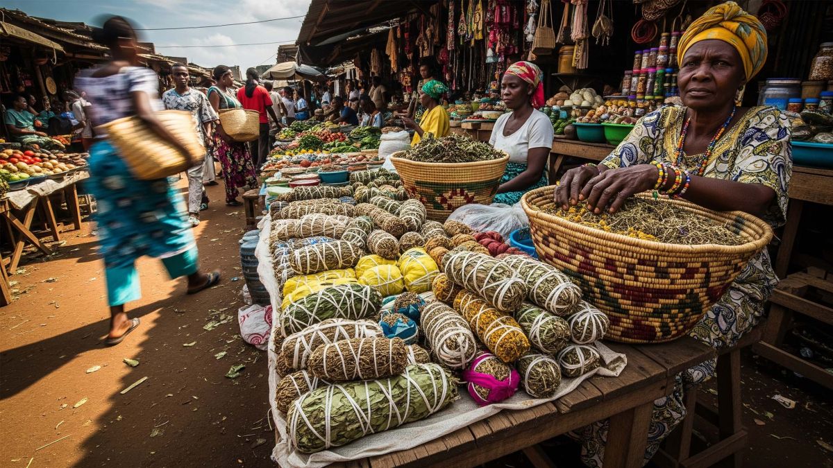 Étal de marché montrant des bouquets d’herbes et des pots d’argile, illustrant les remèdes traditionnels.