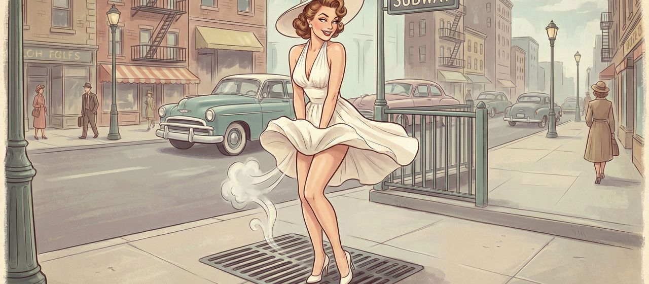 Artistic illustration of a beautiful woman in a vintage white halter dress standing over a subway grate