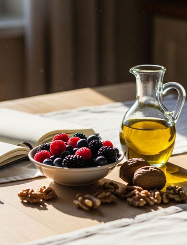Foods and tools that support fertility: berries, walnuts, olive oil, water, journal, and basal thermometer