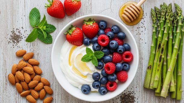 Una colorida disposición de alimentos saludables que incluye un tazón de yogur, bayas y frutos secos, representando una dieta para un microbioma vaginal saludable.