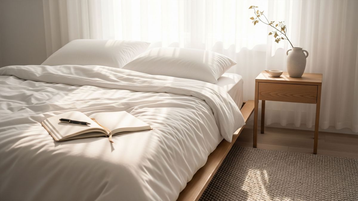 Minimalistisches Schlafzimmer mit Tagebuch und natürlichem Licht, das bewusstes Leben symbolisiert.