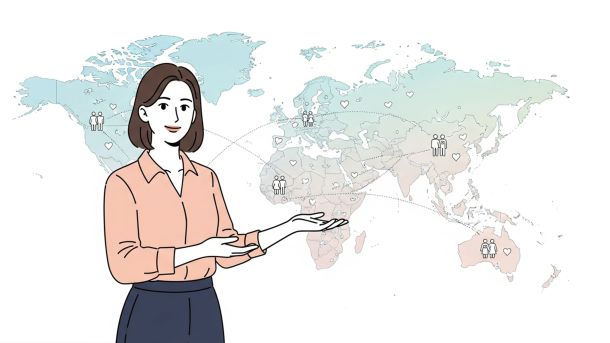 Frau, die vor einer pastellfarbenen Weltkarte über globale Bindungsstile nachdenkt