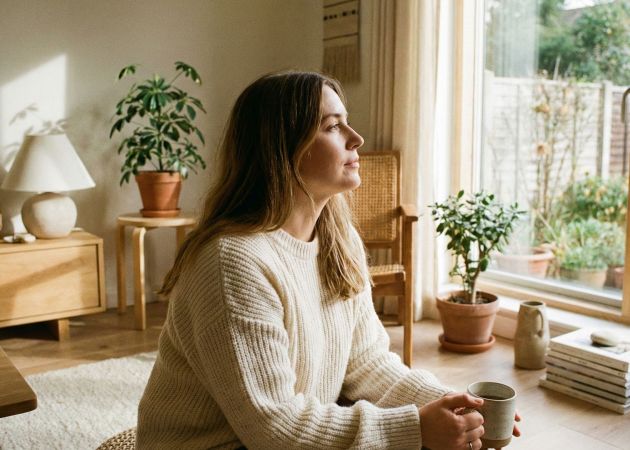 A woman practicing mindful breathing in a bright, peaceful room to lower stress levels.