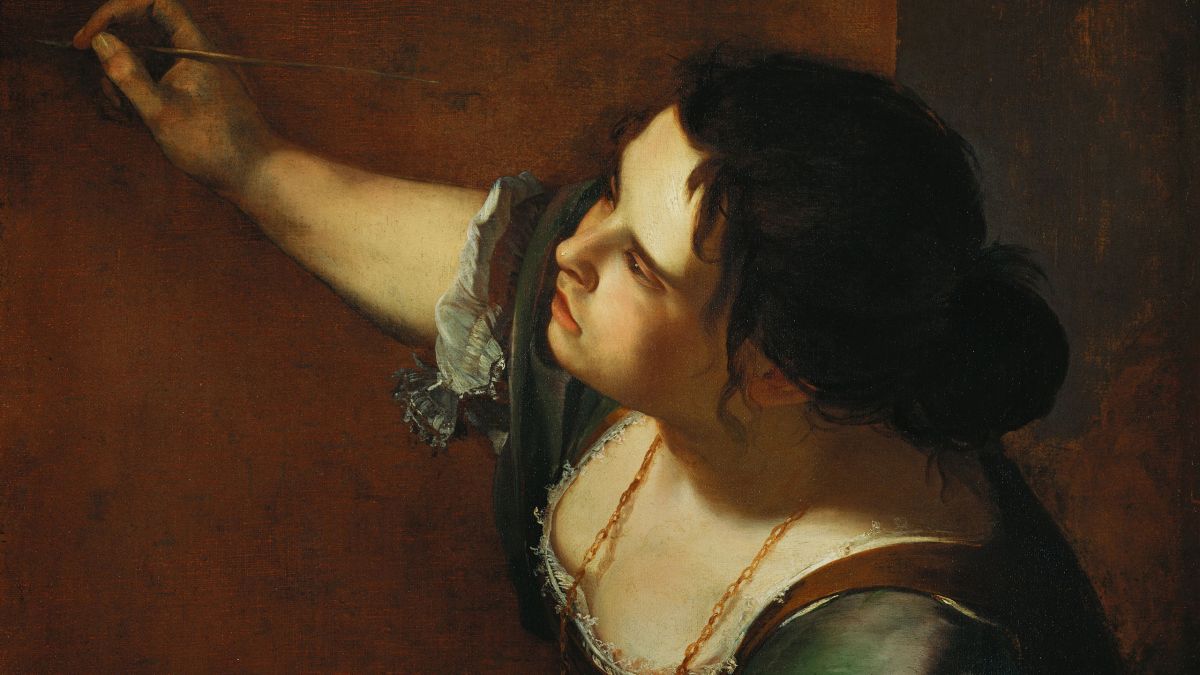 Artemisia Gentileschi's Self-Portrait as the Allegory of Painting, showing the artist in action, holding a brush and palette.