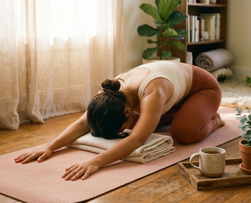 Woman practicing Baddha Konasana yoga pose for pelvic and reproductive health on a blush mat in natural light
