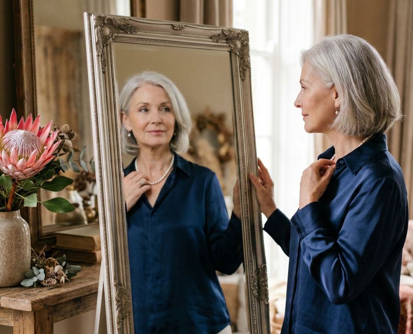 An elegant mature woman reflecting on her journey and physical changes.
