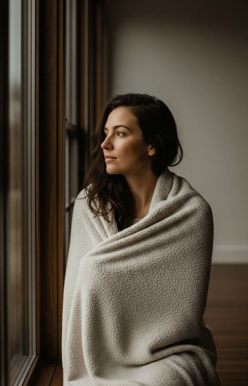 Calm, introspective woman wrapped in a blanket looking out a window, symbolizing healing and recovery