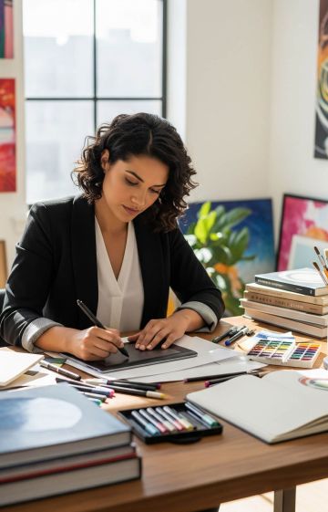 A woman working at a desk with confidence and focus, surrounded by creative tools.
