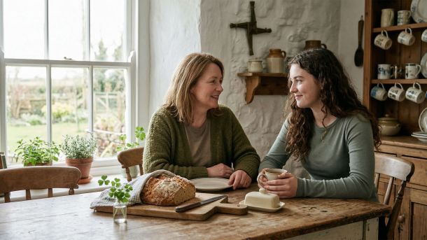 Mother and daughter celebrating Saint Patrick's Day with traditional Irish soda bread and shamrock