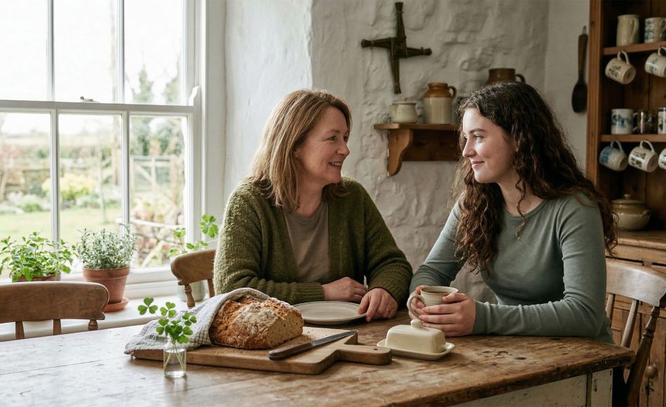 Mother and daughter celebrating Saint Patrick's Day with traditional Irish soda bread and shamrock
