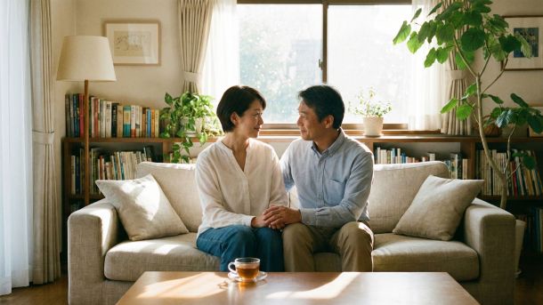 安定した夫婦関係を象徴する、寄り添って座る夫婦。