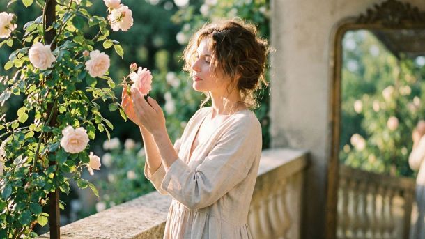 Une femme dans une lumière douce réfléchissant à son parcours vers la confiance en son corps et l’amour de soi.