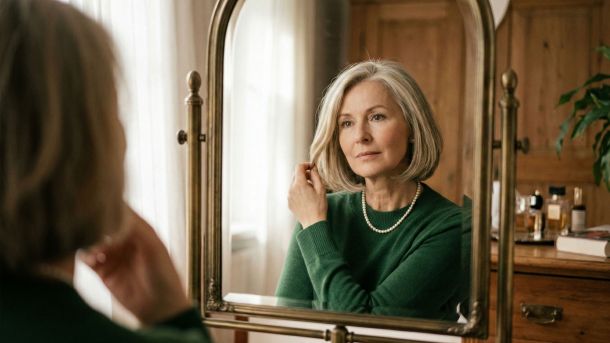 Eine elegante reife Frau, die über ihre Lebensreise und körperlichen Veränderungen nachdenkt.