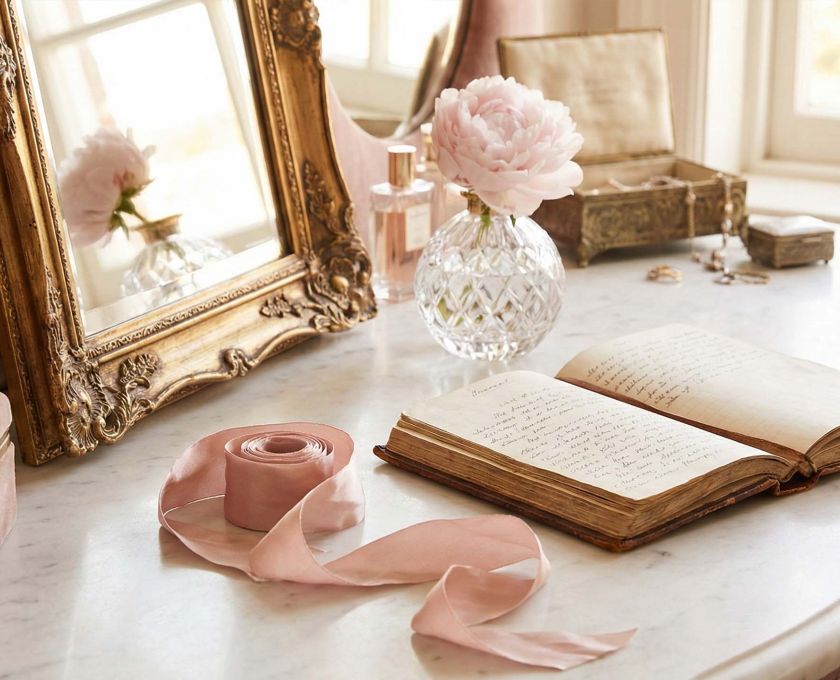 A sophisticated feminine vanity featuring a gold mirror and journal, representing the history of women's private education and health.