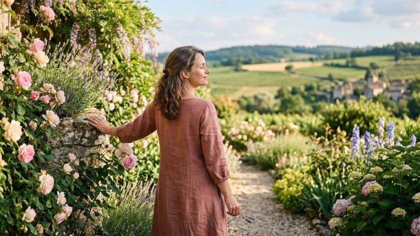A thoughtful woman in a sunlit garden, symbolizing the transition and peace of menopause.