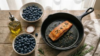 A variety of anti-inflammatory foods like salmon, berries, and healthy fats on a rustic wooden table.
