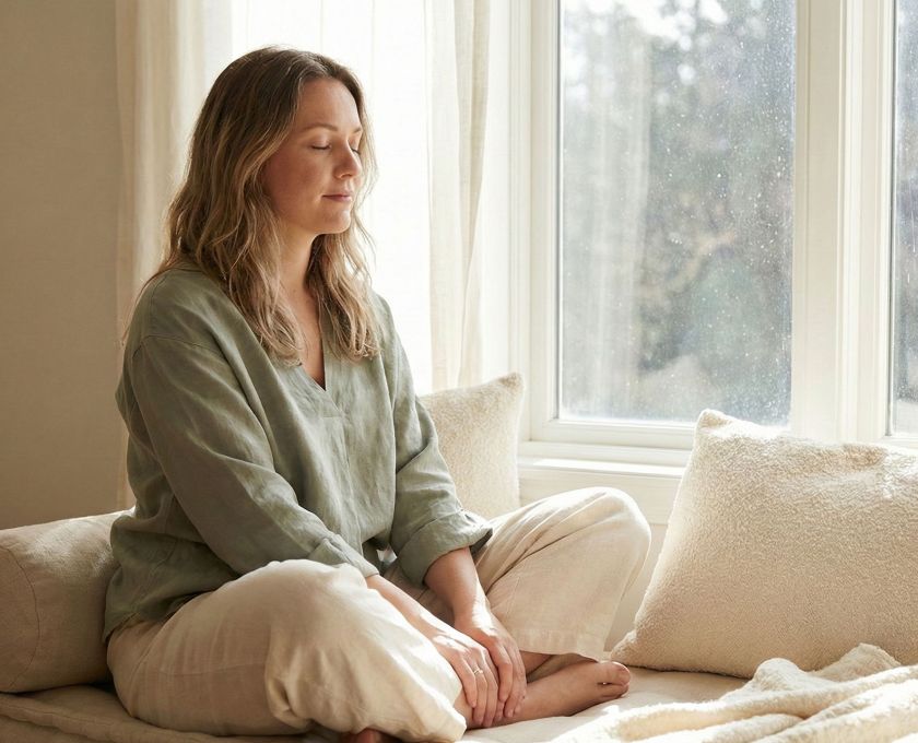 A woman practicing mindfulness meditation in a bright, calm living room.