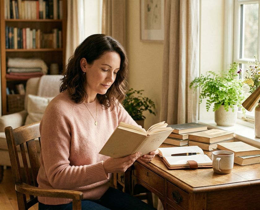 A woman seated at a sunlit desk reading and reflecting in soft warm light