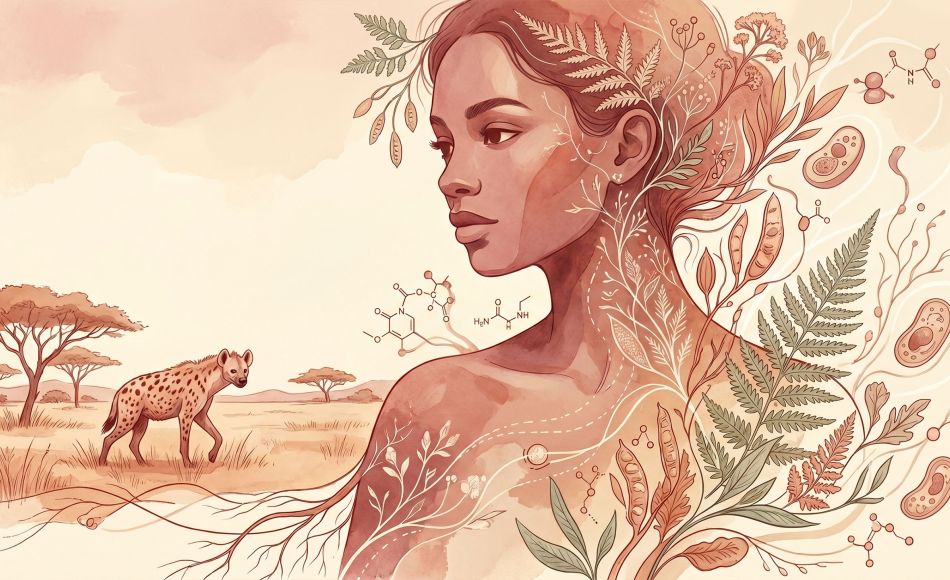 Soft editorial illustration of a woman in profile surrounded by botanical elements and subtle scientific diagram overlays representing hormones and biology