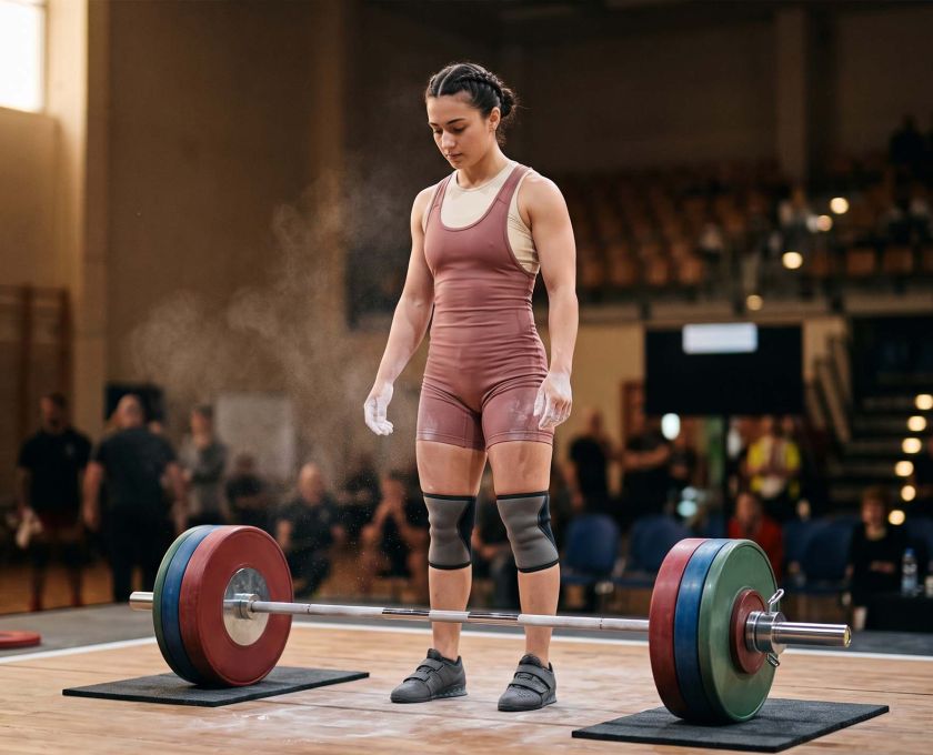 Female weightlifter chalking her hands at a competition platform, illustrating the pelvic floor under pressure during heavy lifting