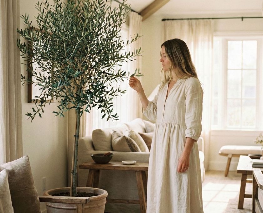 A woman reflecting in a serene, sunlit room, representing emotional peace and feminine grace.