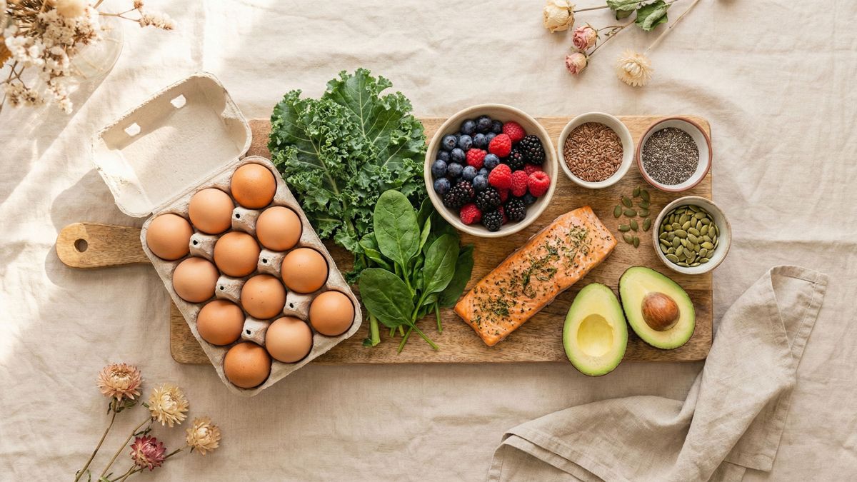 A selection of whole foods that support hormonal balance in women, including eggs, leafy greens, berries, fish, and seeds.