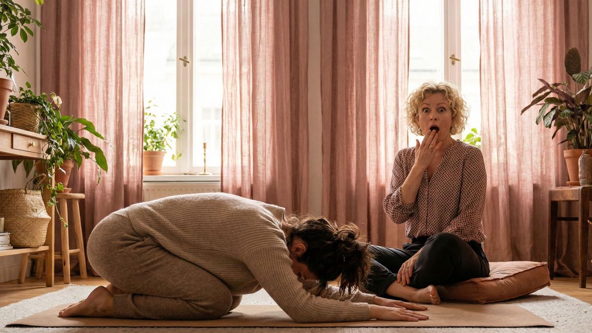 Une femme dans un cadre paisible de yoga, pratiquant mais embarrass&eacute;e par un pet vaginal.