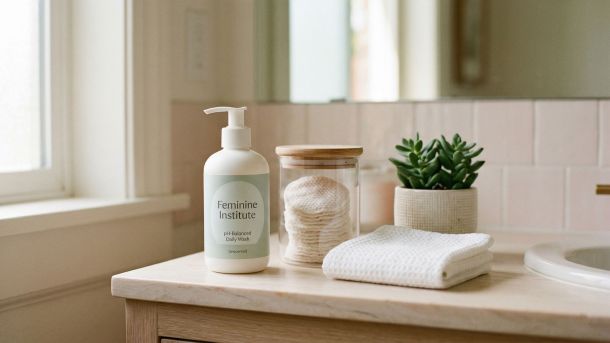 Gentle feminine bathroom scene with natural skincare products representing a mindful women's hygiene routine