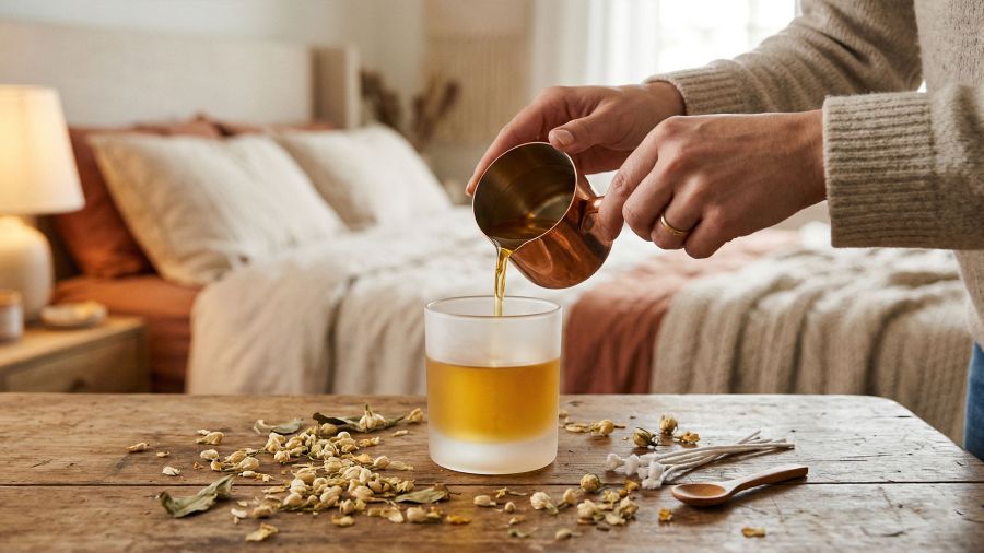 Uma mulher criando uma vela perfumada para um encontro romântico.