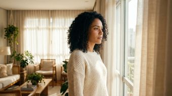 Uma mulher refletindo em um ambiente sereno e iluminado pelo sol, representando paz emocional e graça feminina.