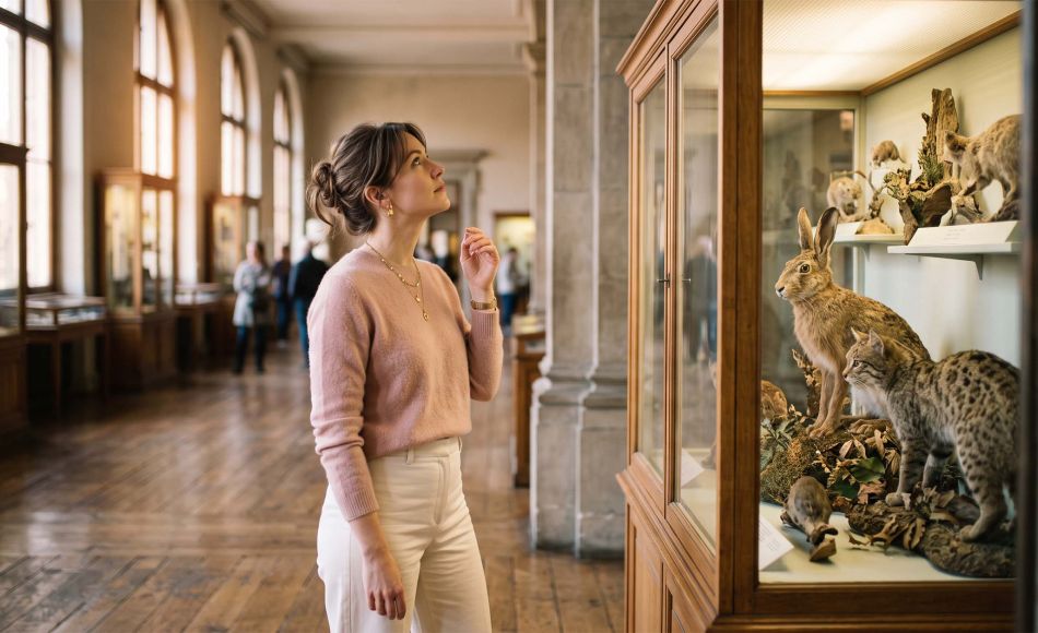 Woman in a natural history museum studying mammal specimens, illustrating how evolution shaped female anatomy across species