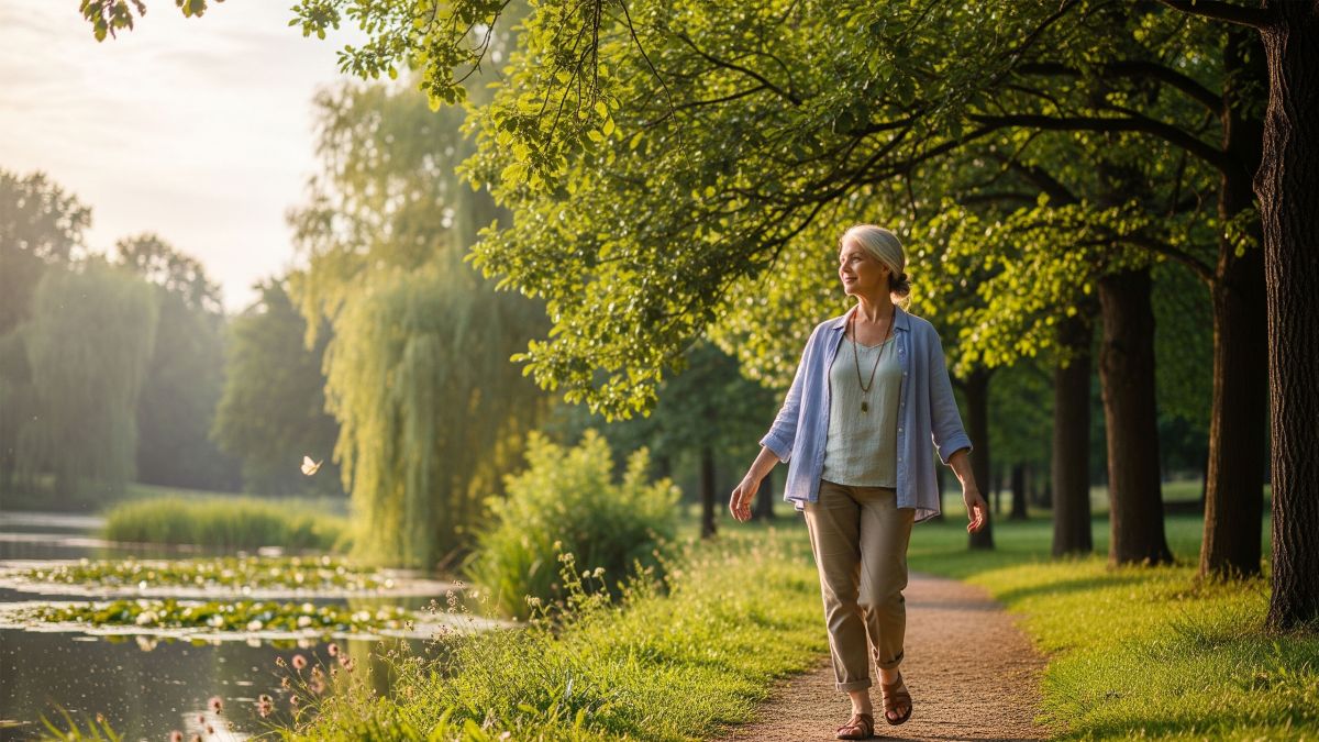 Reife Frau beim Spaziergang im Freien, symbolisiert natürliche Hilfe bei Wechseljahresbeschwerden.