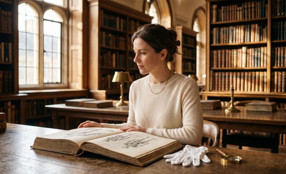 Woman studying a nineteenth-century anatomical folio in a sunlit historical medical library while researching the history of female anatomy