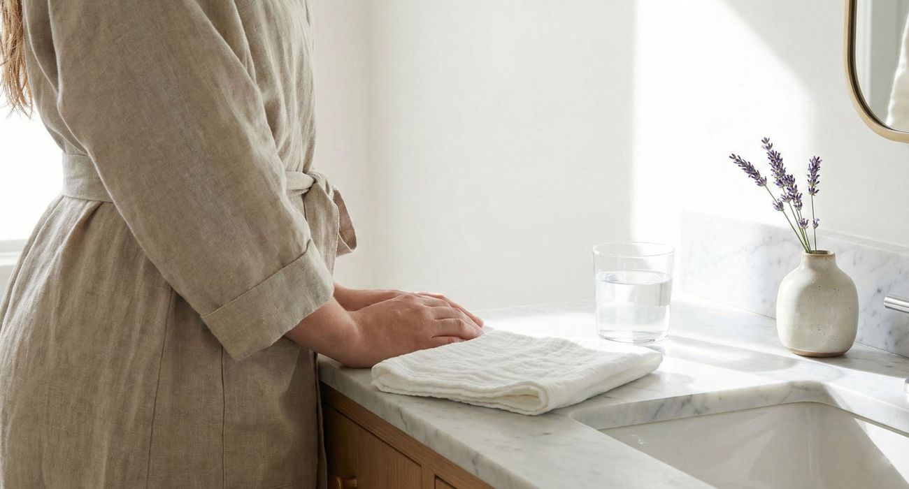 Elegant marble bathroom vanity representing clean and natural feminine hygiene rituals.