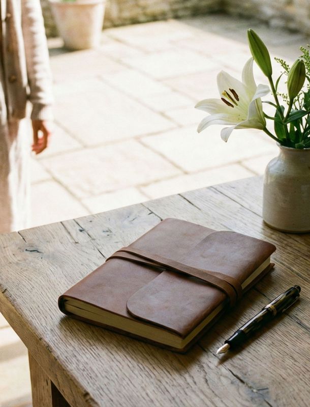An elegant journal and pen on a wooden table representing feminine reflection and personal growth.