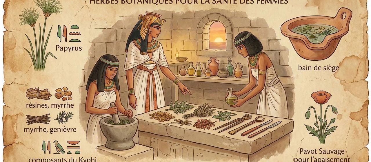 Herbes séchées, parchemin et récipients en argile représentent d'anciens remèdes botaniques utilisés pour la santé des femmes à travers l'histoire.