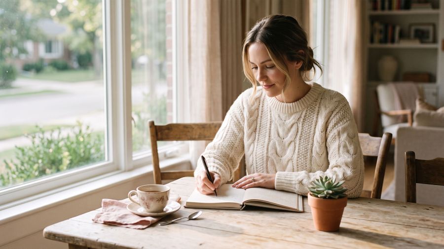 Woman journaling her menstrual cycle by a sunlit window for natural body literacy
