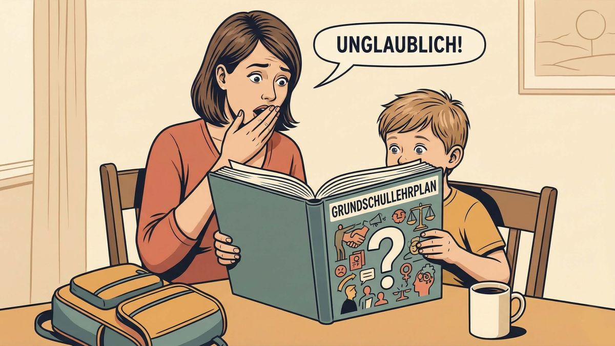 Eine Mutter und ein Kind prüfen gemeinsam Lehrmaterialien in einer häuslichen Umgebung.