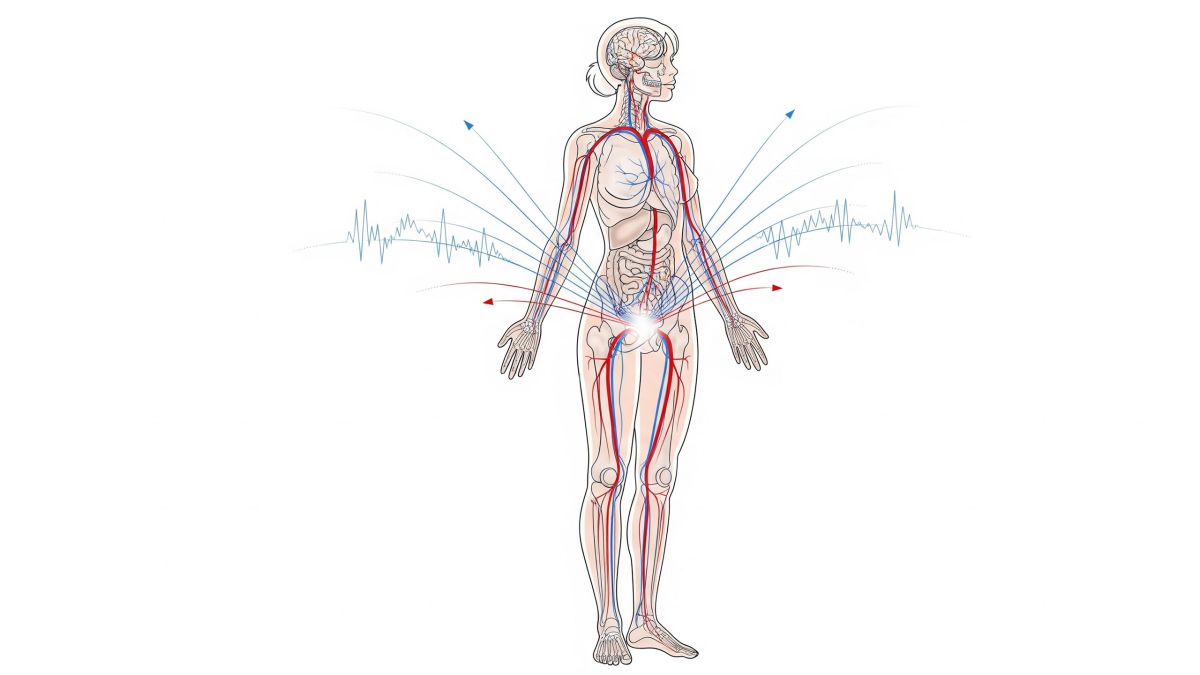 Illustration éducative du cerveau et de l’anatomie pelvienne montrant les schémas de flux nerveux et sanguin pendant l’excitation.