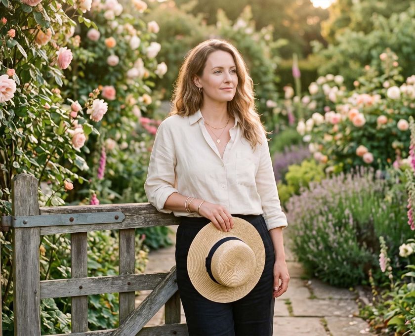 Serene woman in linen at a rose-covered garden gate in golden light during a screen-free weekend reset for a positive mindset